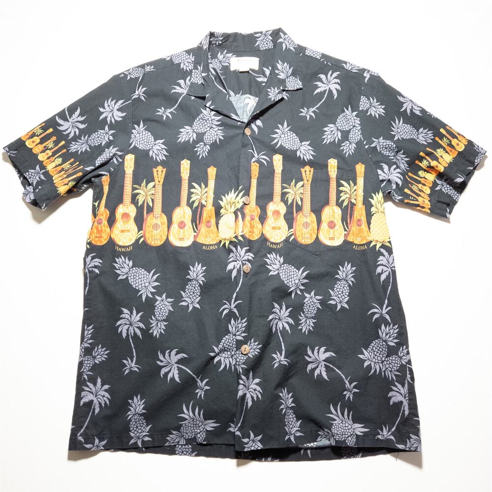 Royal Hawaiian Creations Aloha Shirt XL Black Ukulele Pineapple Made In Hawaii